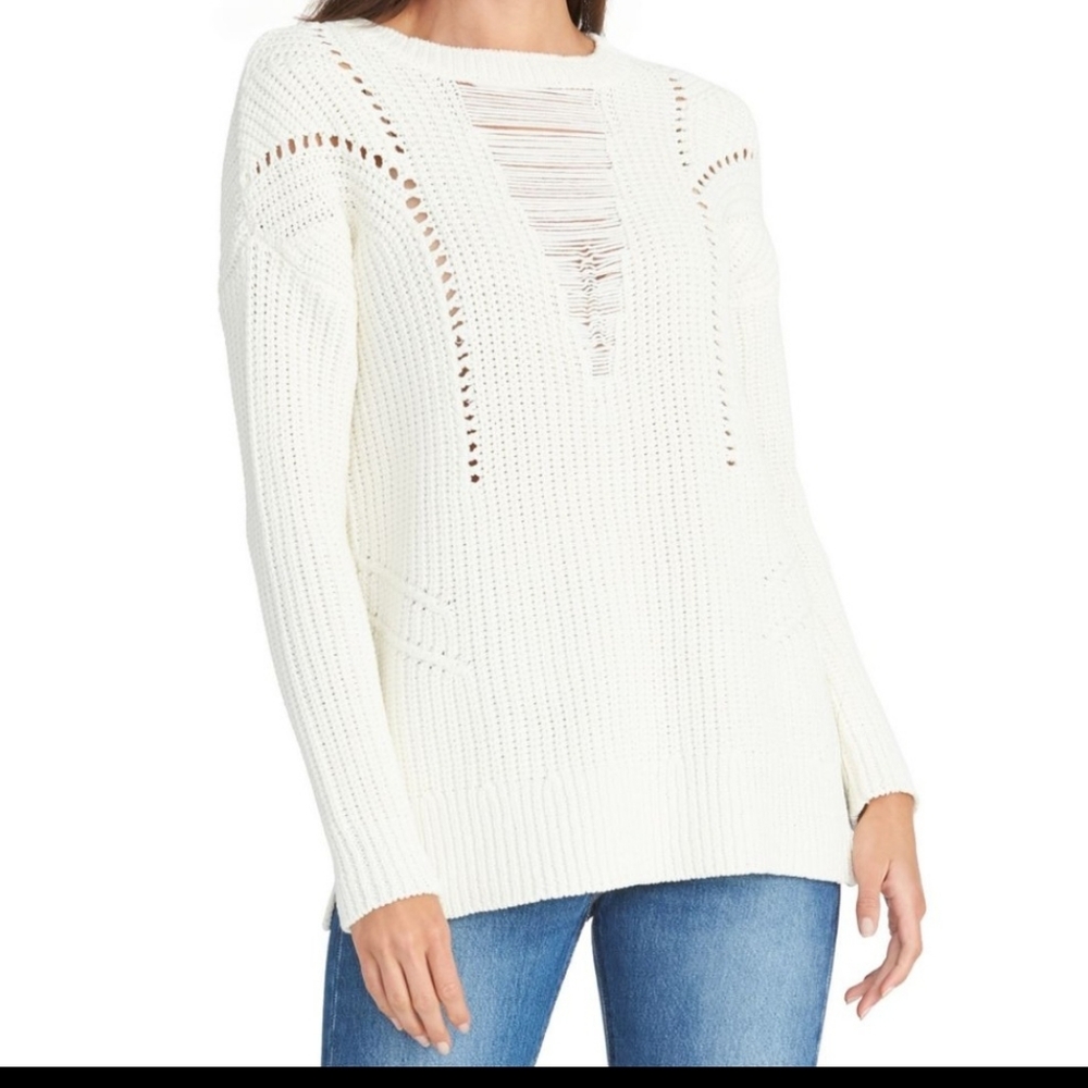 RACHEL ROY. Women's Textured Mixed Knit Crewneck Sweater Top Color: Ivory